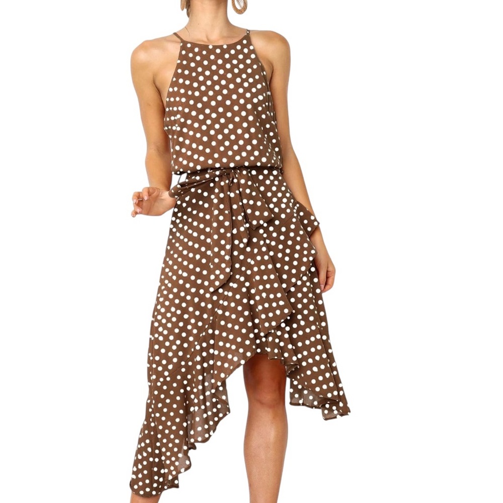 Ecowish Polka Dot Sundress Md Brown White Hi Low Flowy Lightweight Pretty Woman